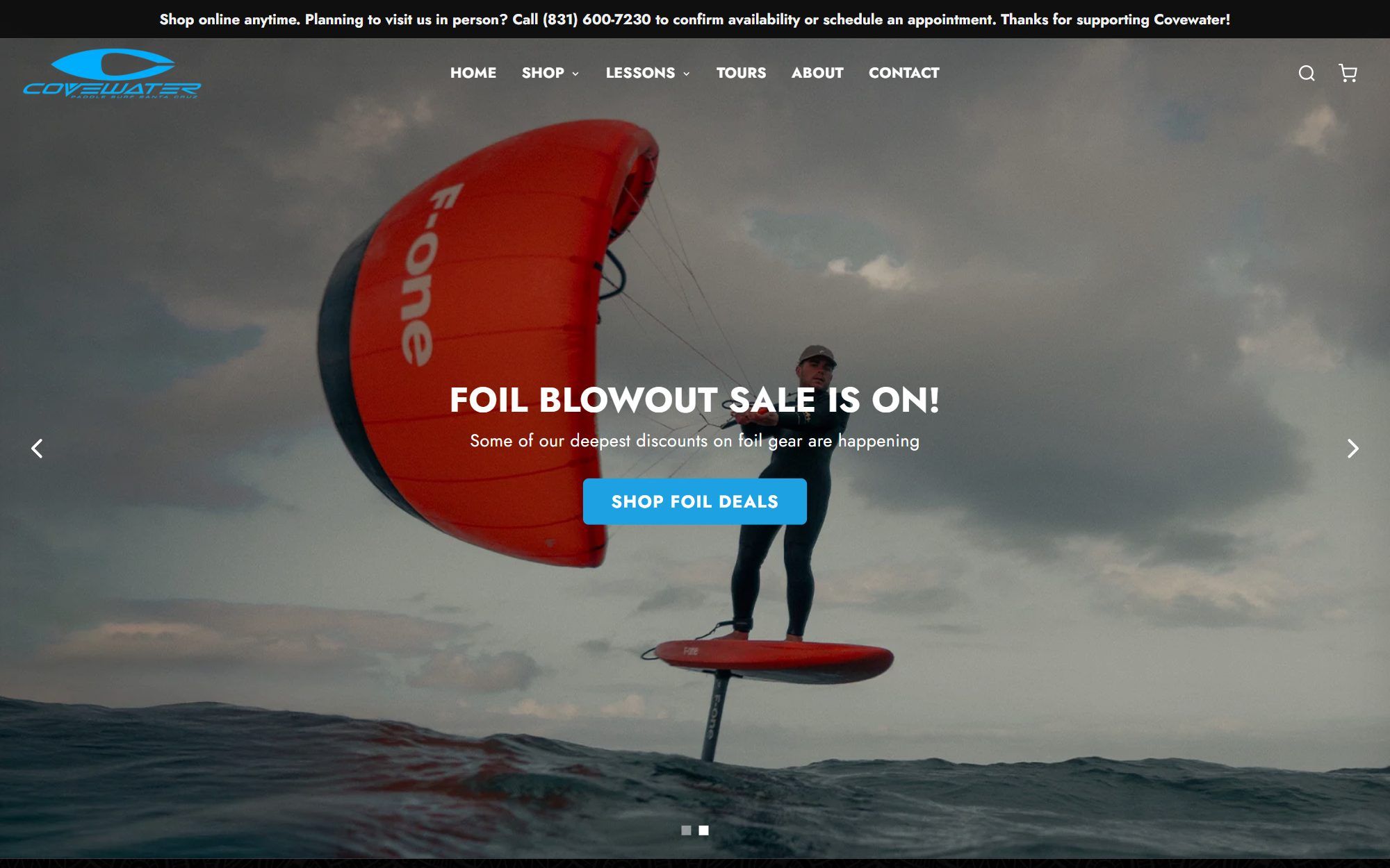 Covewater Paddle Surf website on desktop